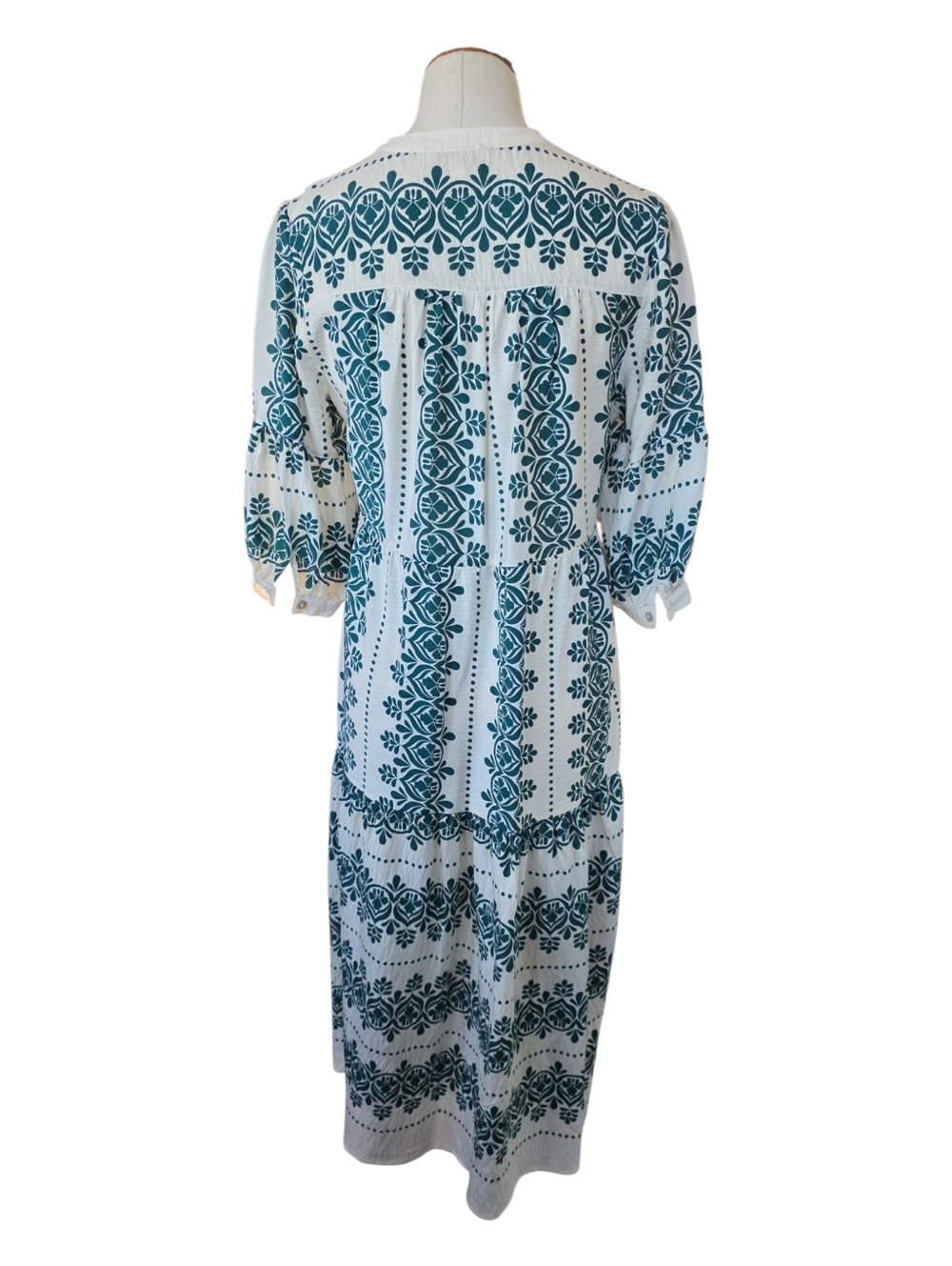 NWOT Anthropologie Fig + Flower Dress Size M Green Print Boho Tiered Dress - Picture 4 of 11